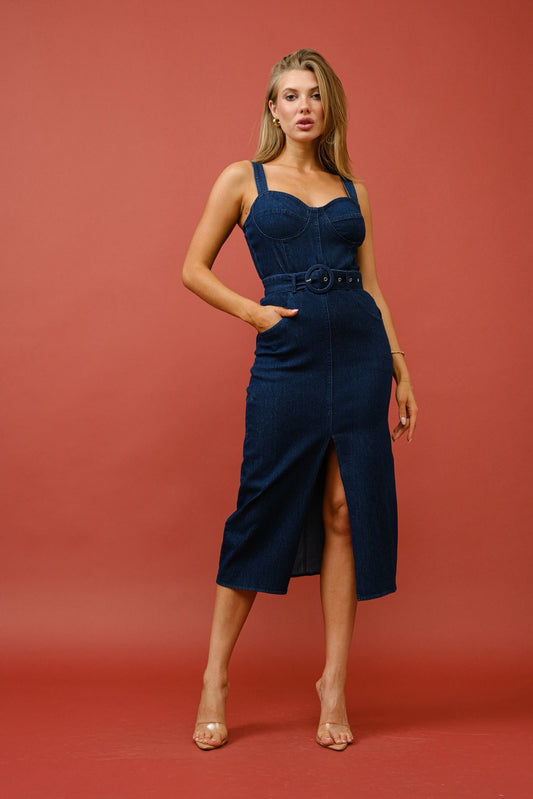 Monaco Belted Denim Midi Dress – Made in Chic
