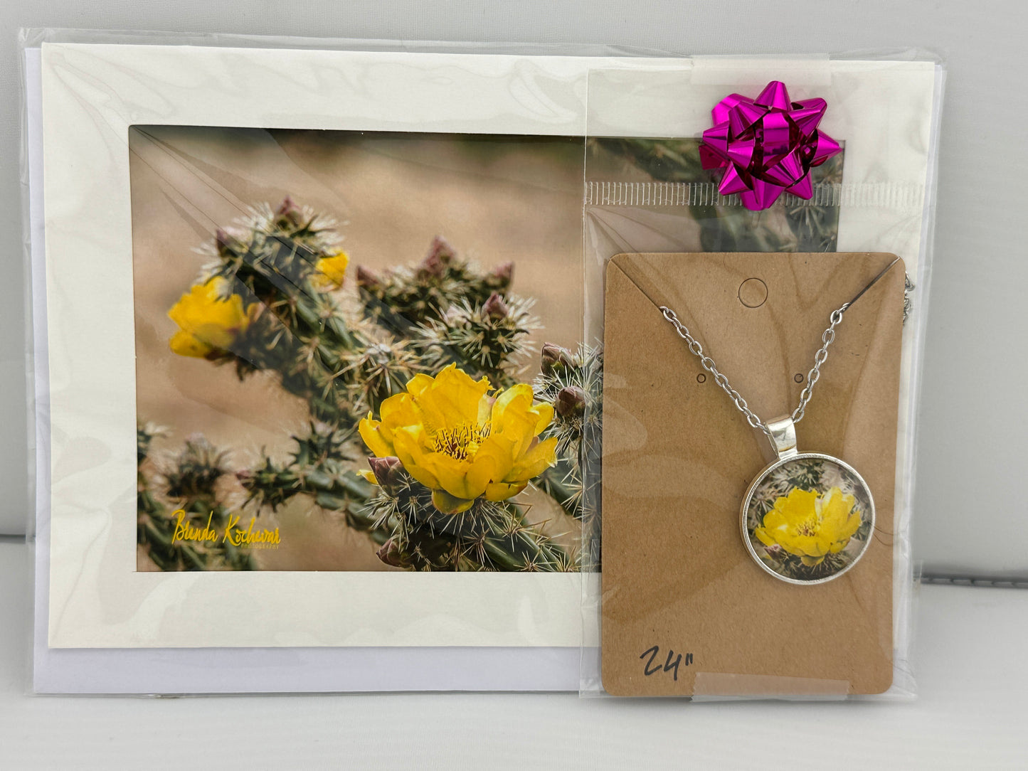 Photograph of Yellow Cactus Bloom on a Necklace with matching card