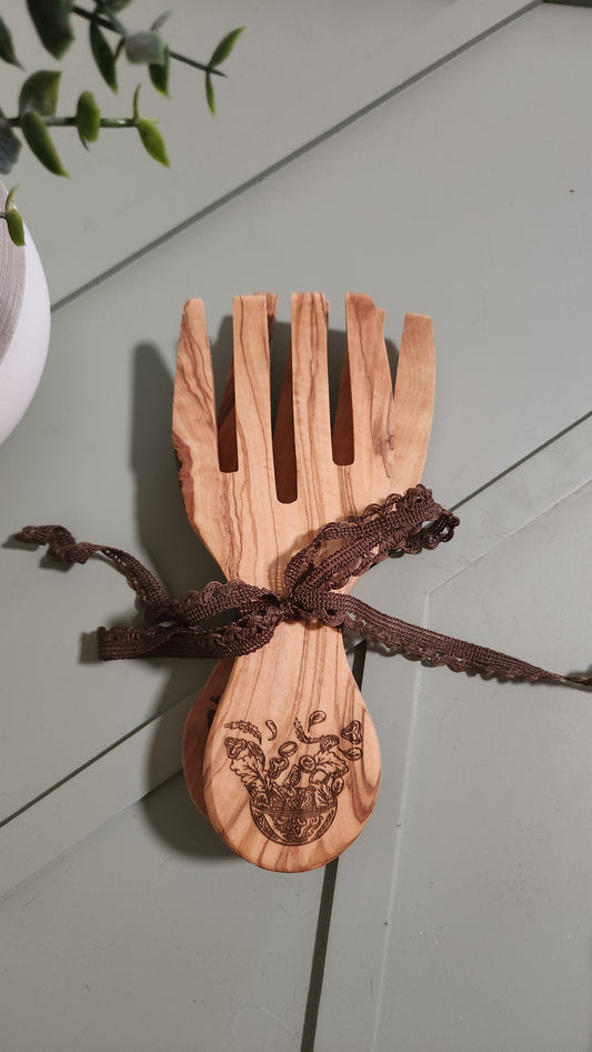 Engraved Olive Wood Salad Tossing Forks - The Laser Canvas