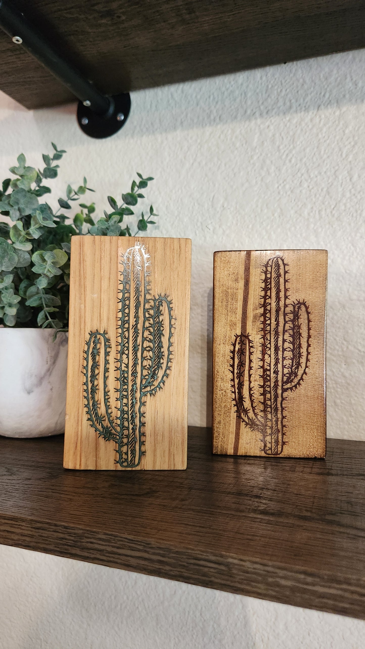 Wooden Block Decor with Epoxy Resin Saguaros