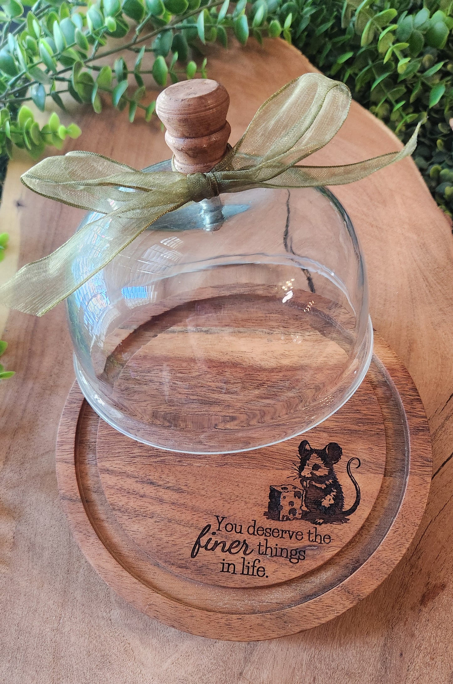 Glass Dome Cheese Dish with Engraved Wooden Base - The Laser Canvas