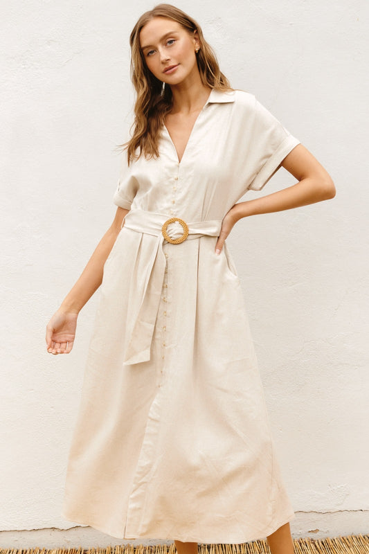 Soleil Linen Belted Midi Dress - Made in Chic
