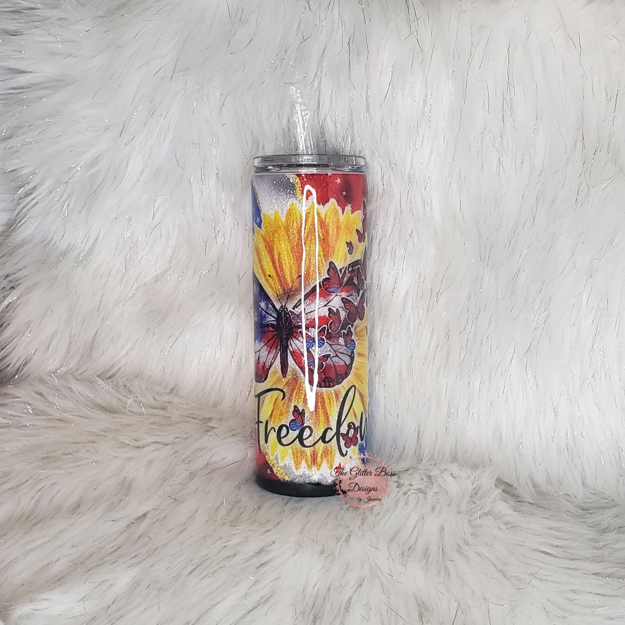 Butterfly and Sunflower Freedom Tumbler - 20 oz Skinny - Glitter Boss
