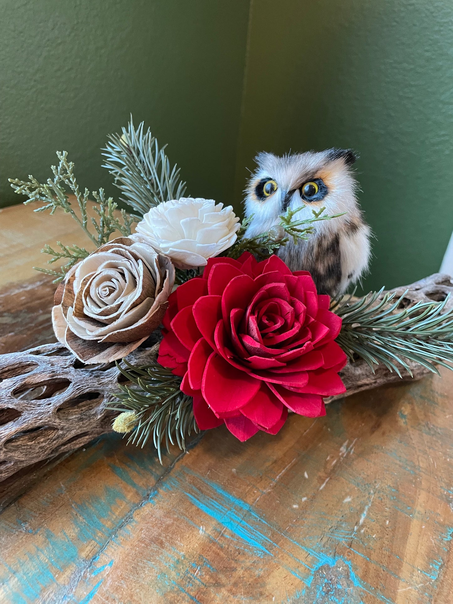 Christmas Cholla with Owl - LUNA WOOD FLOWERS