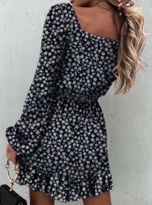 Black Smocked Waist Ruffled Long Sleeve Mini Dress | JB Boutique |