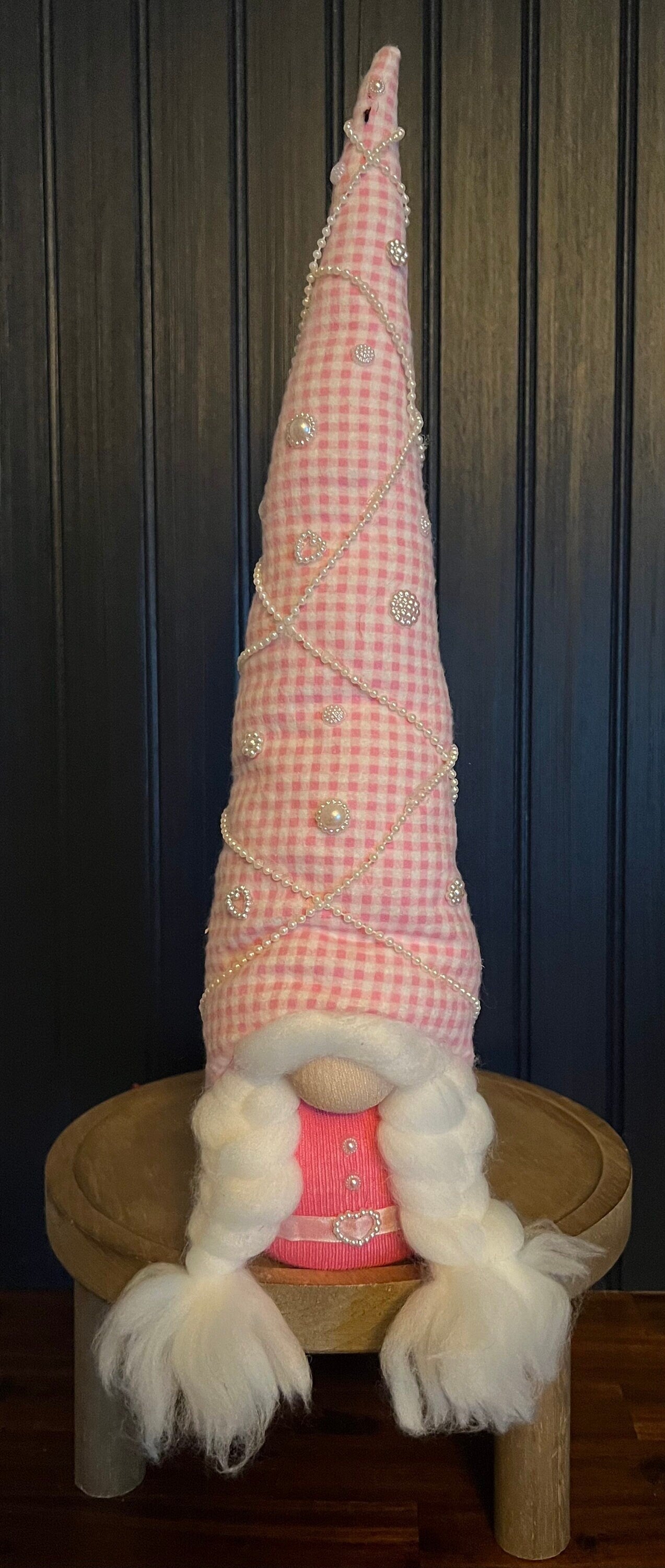 Gnoming Around: Gnome with Pink/White check Hat & Pearl Beads