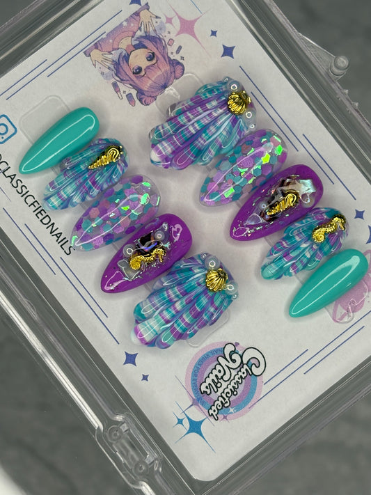 PurpleTeal Ocean Party - 10:MEDIUM -ALMONDMDIUM- Classicfied Nails