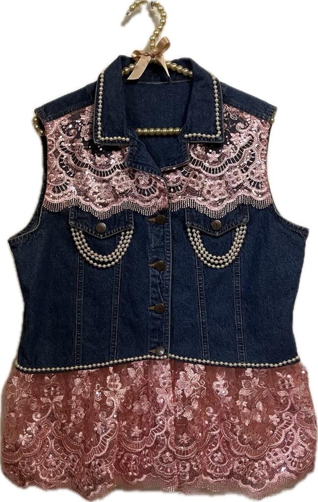 1006 String Pearl Sleeveless Denim Jacket - Bougie Denim Couture