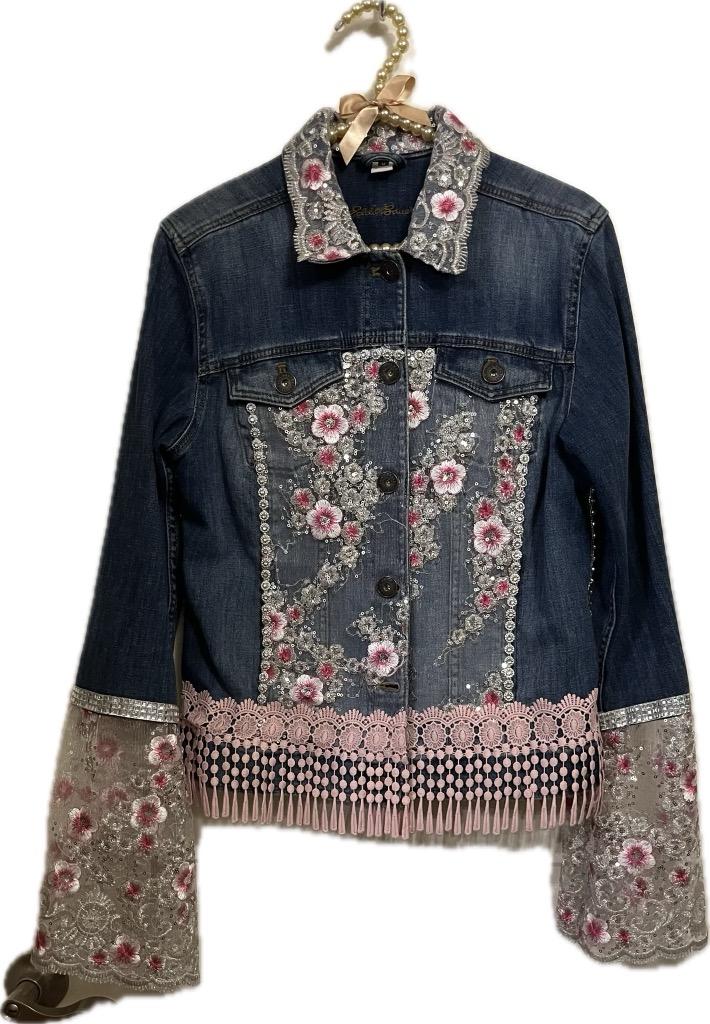 1008 Pink Rosettes Denim Jacket - Bougie Denim Couture