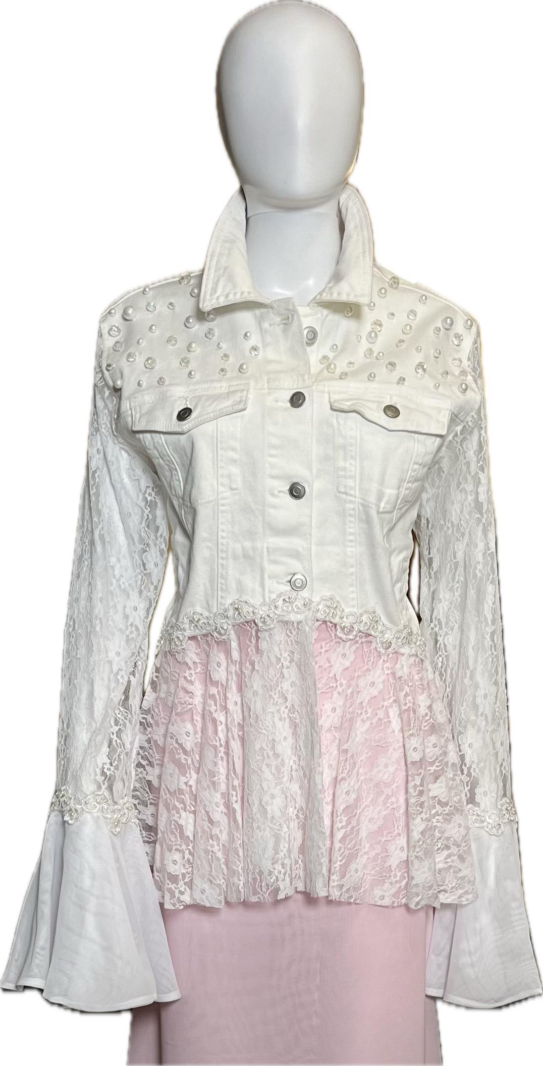 1012 White Lace Denim Jacket - Bougie Denim Couture