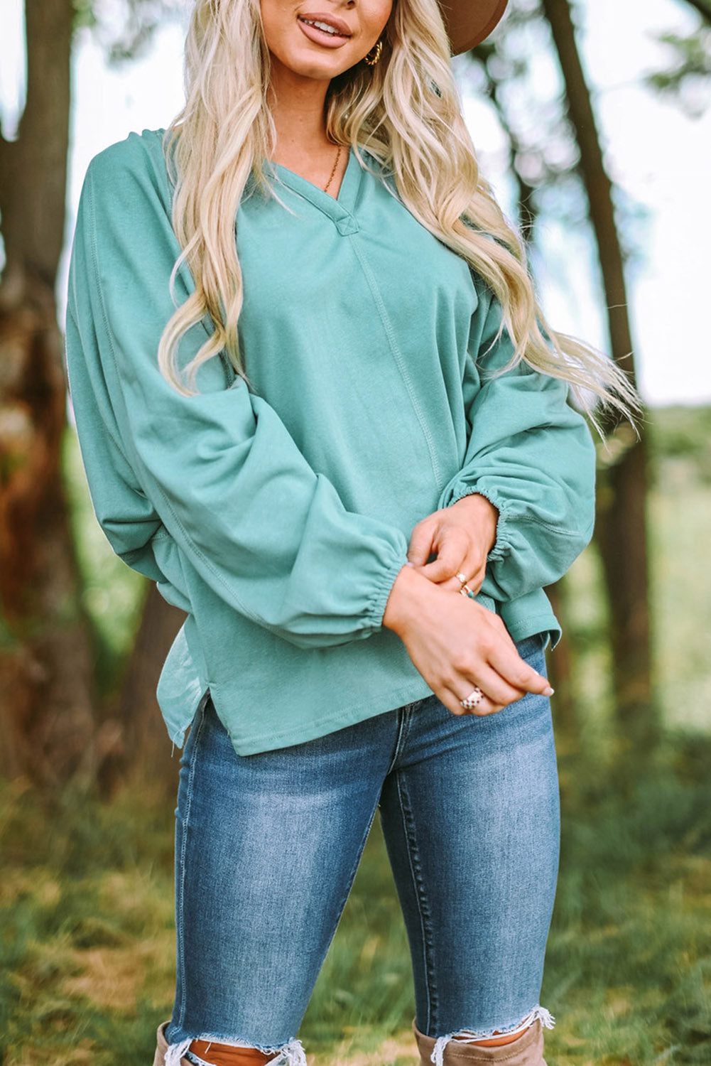 Green V Neck Oversized Pullover Top | JB Boutique |