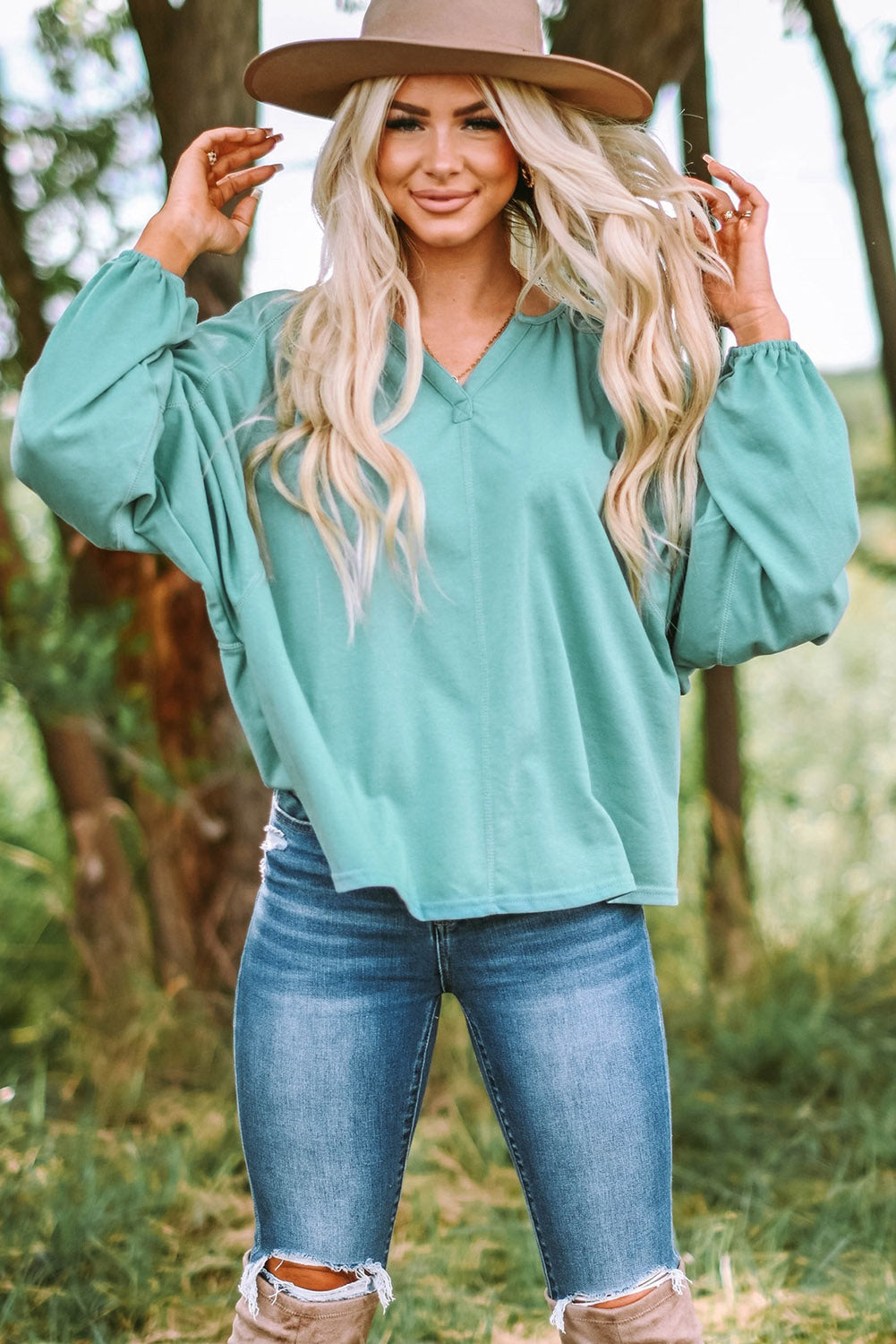 Green V Neck Oversized Pullover Top | JB Boutique |
