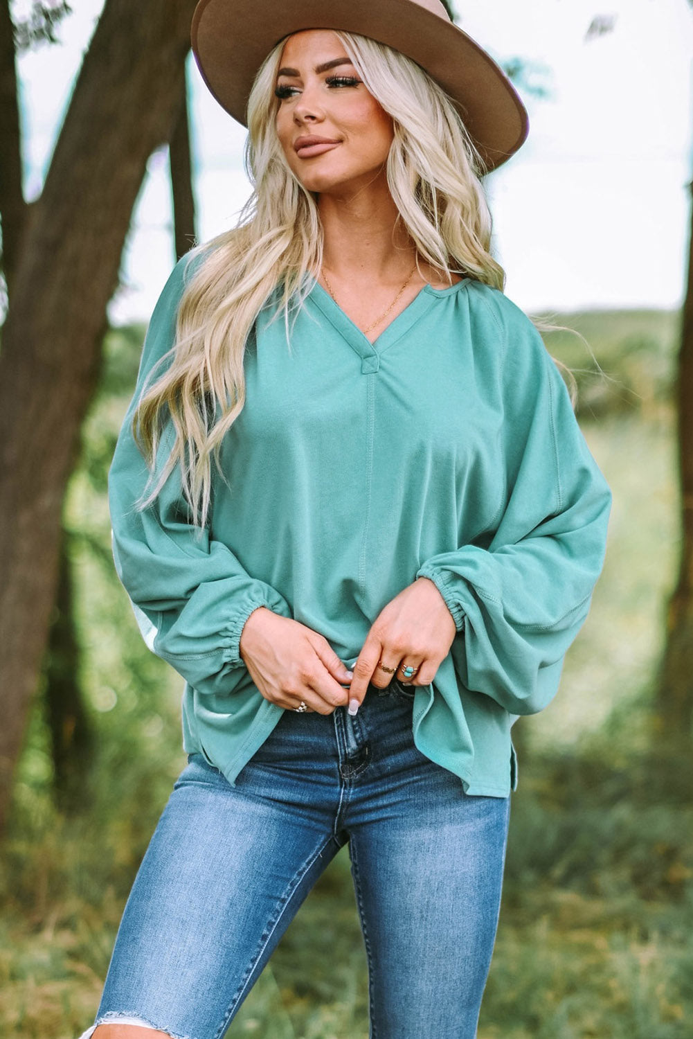 Green V Neck Oversized Pullover Top | JB Boutique |