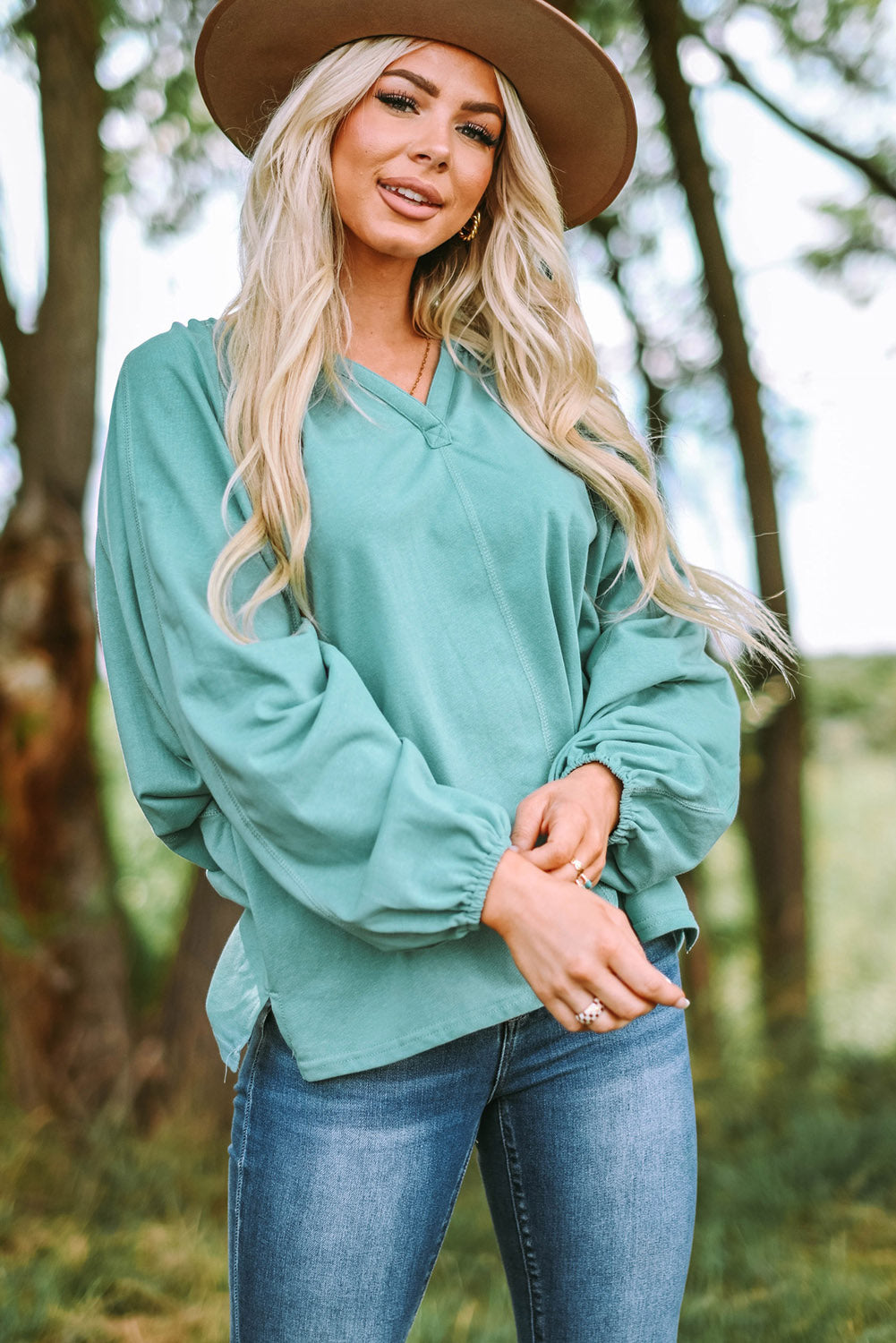 Green V Neck Oversized Pullover Top | JB Boutique |