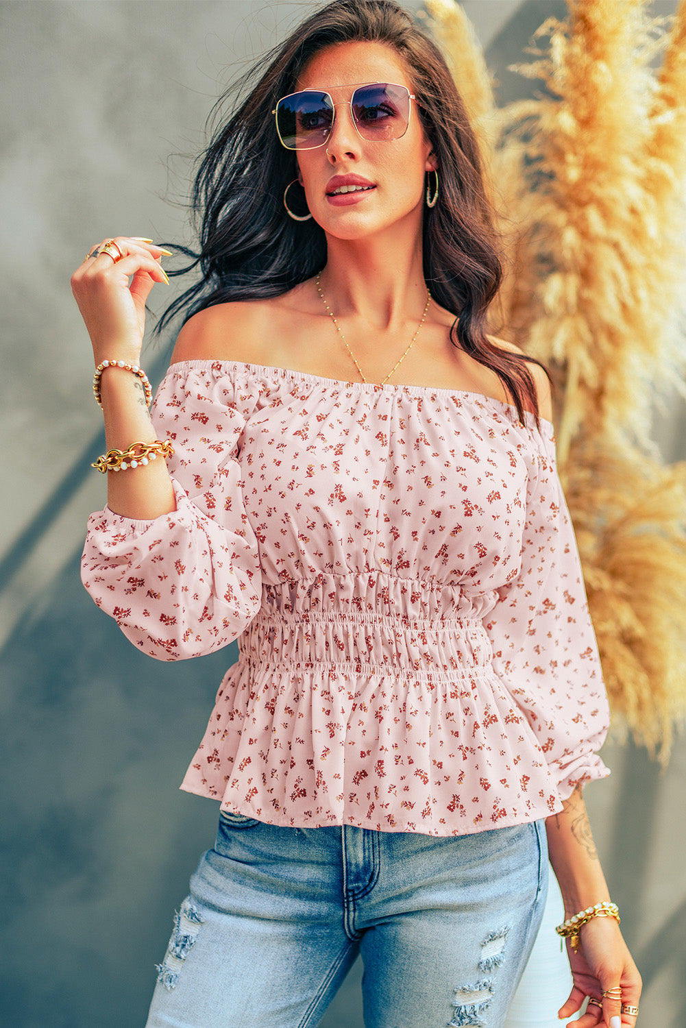 Floral Smocking Waist Peplum Blouse | JB Boutique |