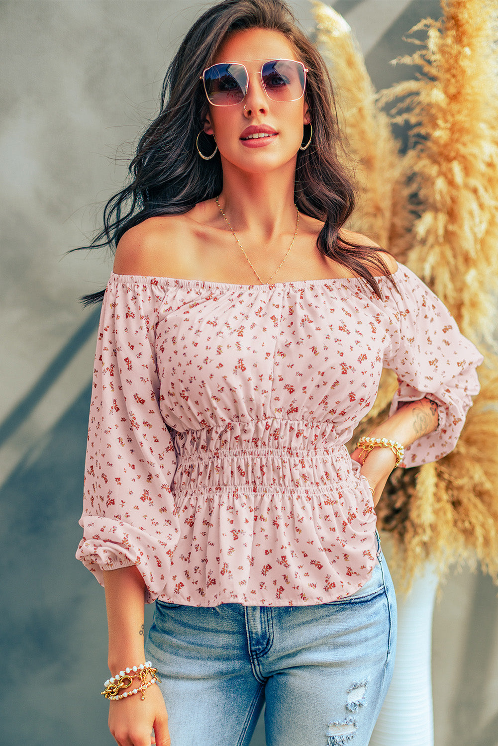 Floral Smocking Waist Peplum Blouse | JB Boutique |