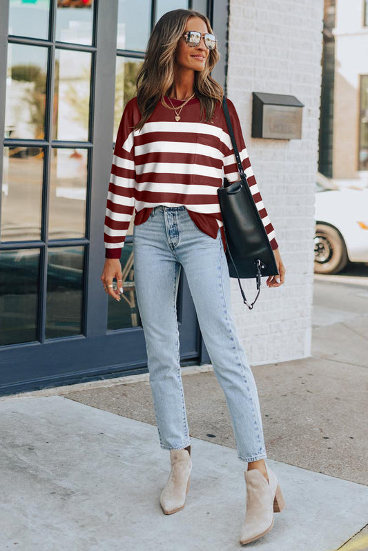 Striped Front Pocket Long Sleeve Top | JB Boutique |