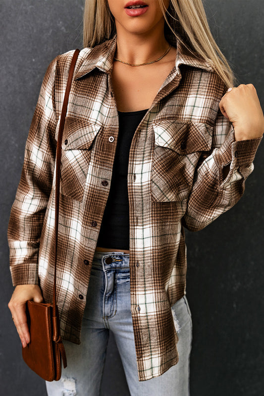 Brown Plaid Print Chest Pockets Buttoned Shirt | JB Boutique |