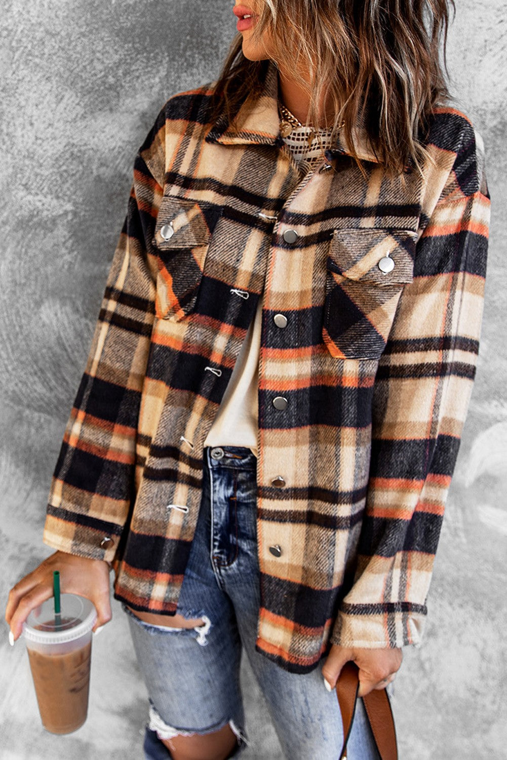 Geometric Plaid Print Pocketed Shacket | JB Boutique |