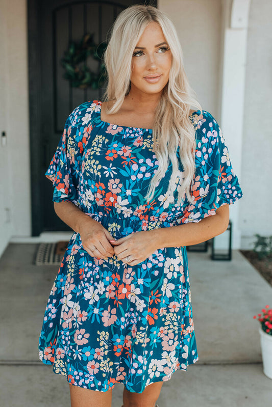 Blue Boho Floral Print Mini Dress | JB Boutique