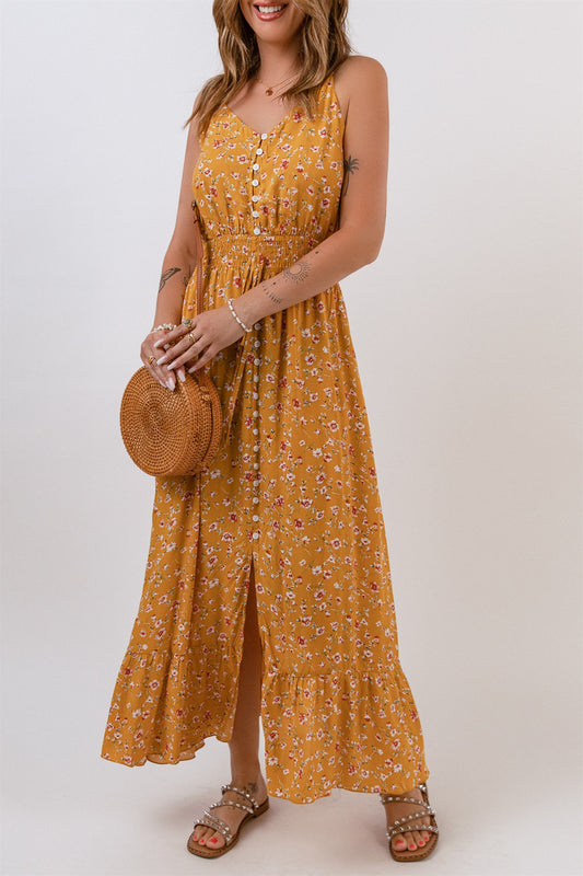 V-Neck Elastic Waist Floral Maxi Dress| JB Boutique
