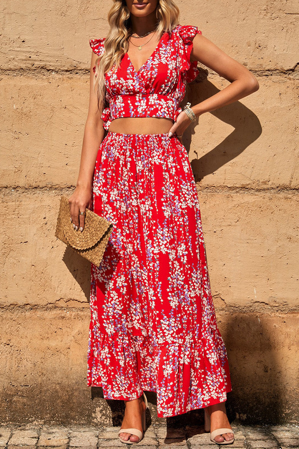 Red Floral Ruffled Crop Top and Maxi Skirt Set | JB Boutique