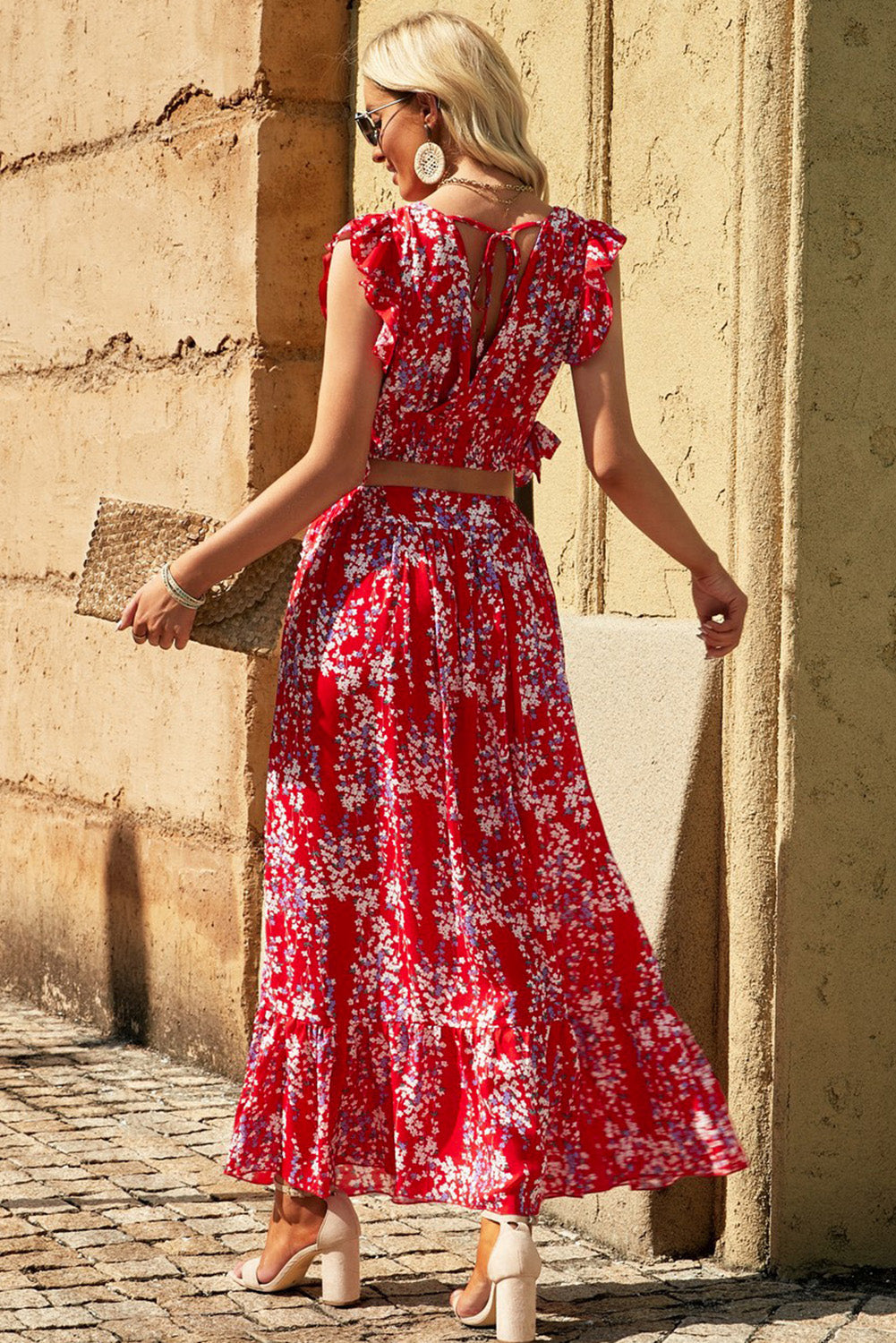 Red Floral Ruffled Crop Top and Maxi Skirt Set | JB Boutique