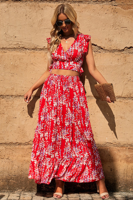 Red Floral Ruffled Crop Top and Maxi Skirt Set | JB Boutique