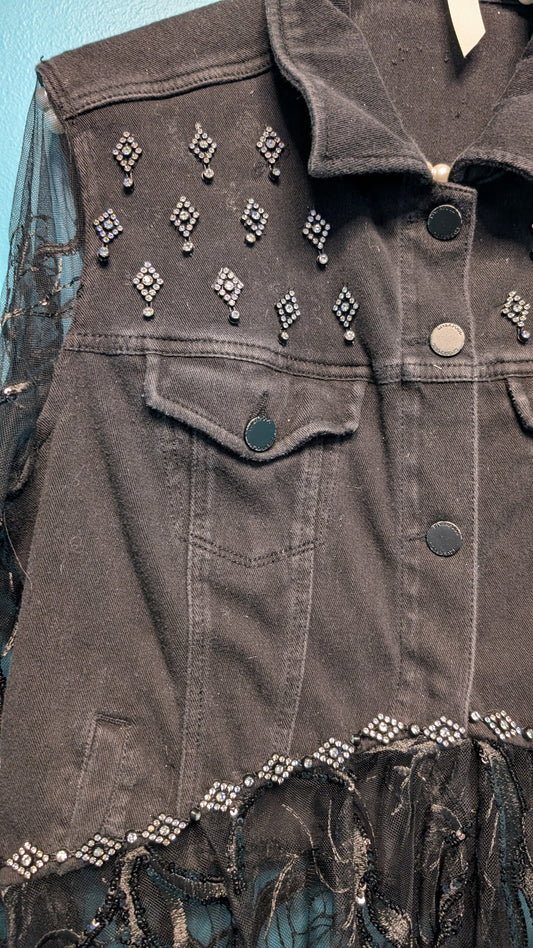 1020 Black Full Length Lace Tree Accented Denim Jacket - Bougie Denim Couture