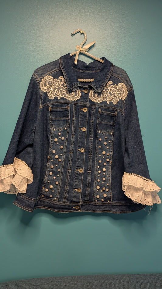 1019 Denim Jacket with Lace and Pearl Trim - Bougie Denim Couture