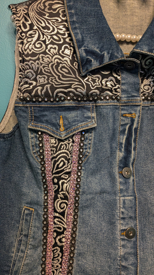 1018 Denim Vest with Black and Pink Accents - Bougie Denim Couture
