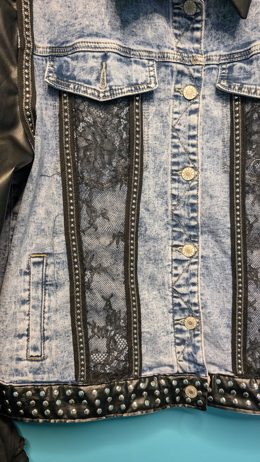 1016 Leather Sleeved Denim Jacket - Bougie Denim Couture