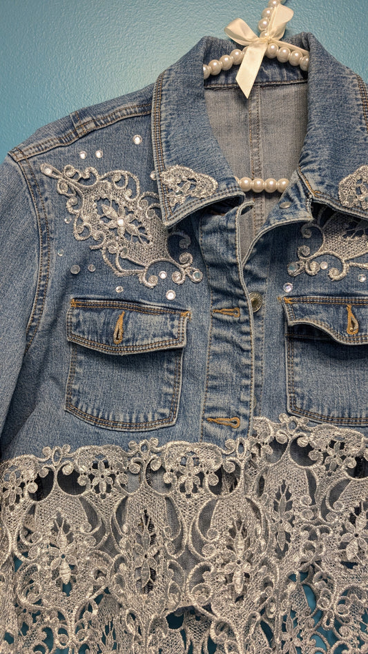 1014 Crop Denim Jacket with Silver Lace - Bougie Denim Couture