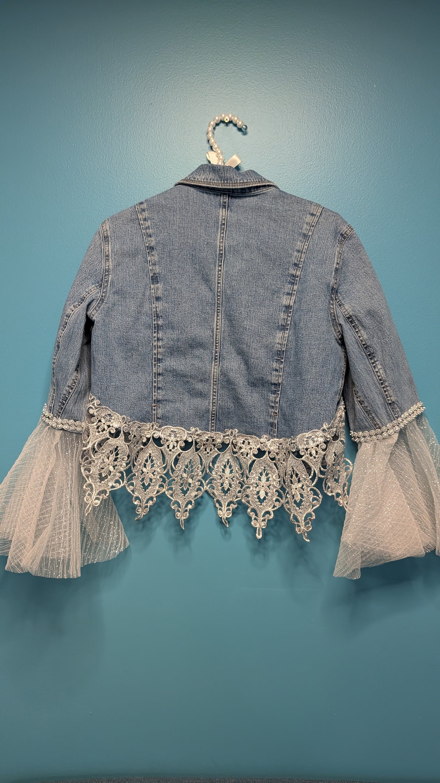 1014 Crop Denim Jacket with Silver Lace - Bougie Denim Couture