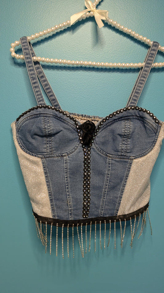 1013 Denim Crop Top with Black Rhinestone - Bougie Denim Couture