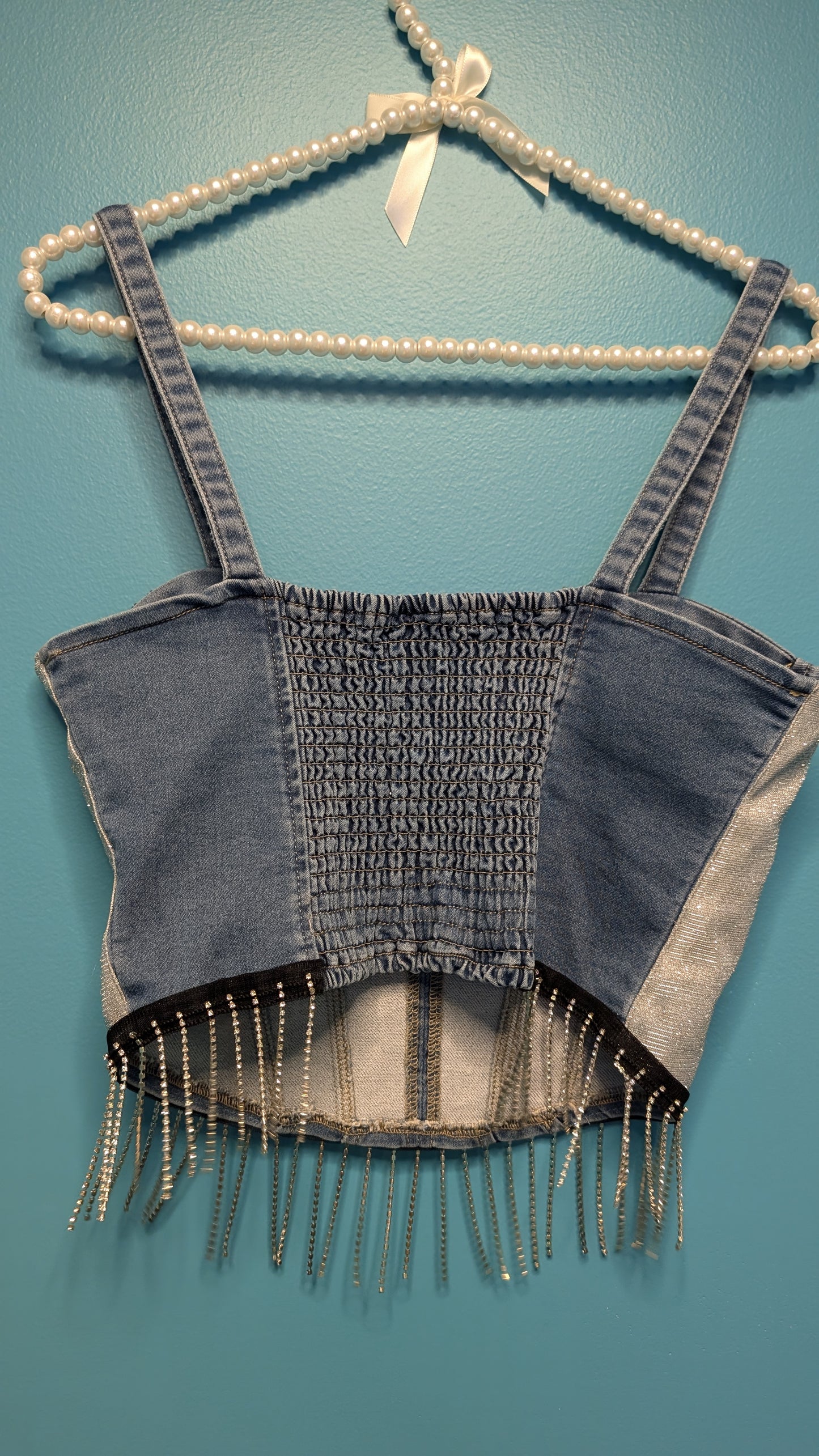 1013 Denim Crop Top with Black Rhinestone - Bougie Denim Couture