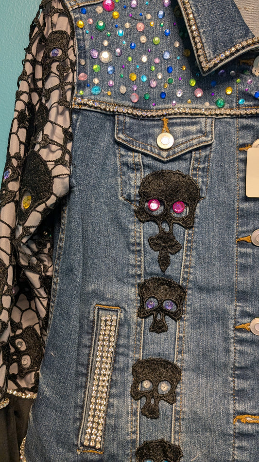 1004 Black Embroidered Skull Denim Jacket - Bougie Denim Couture
