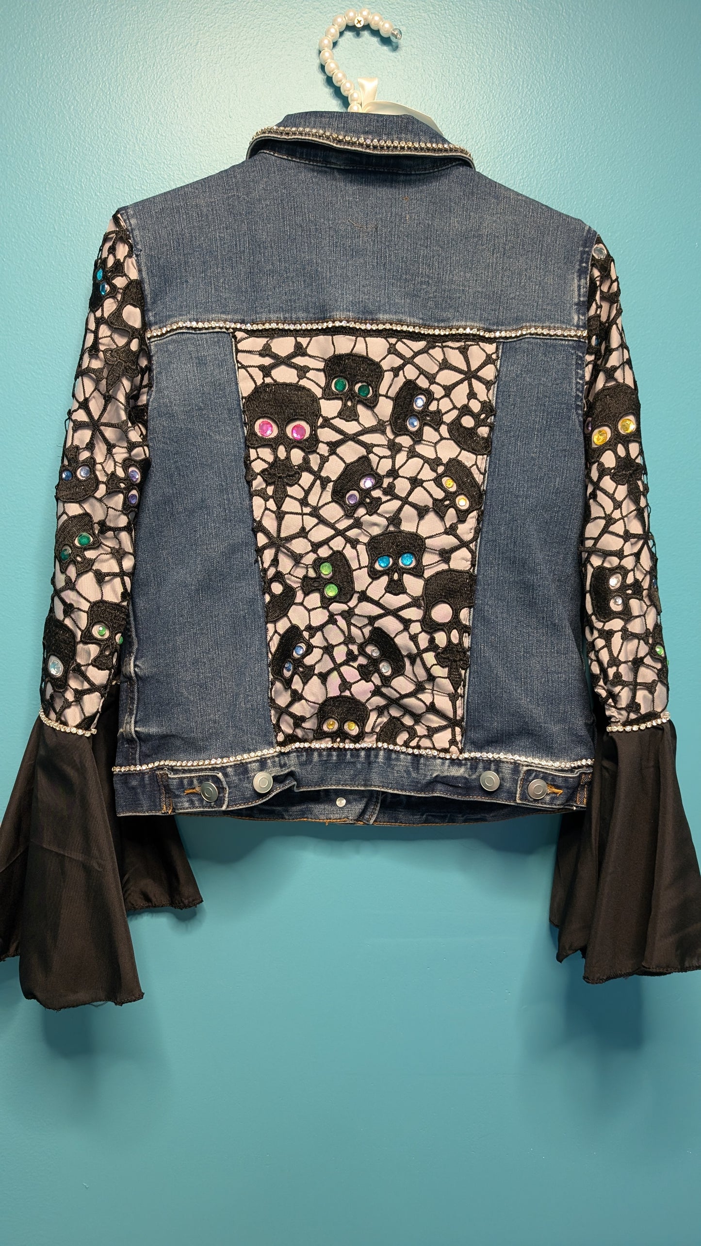 1004 Black Embroidered Skull Denim Jacket - Bougie Denim Couture