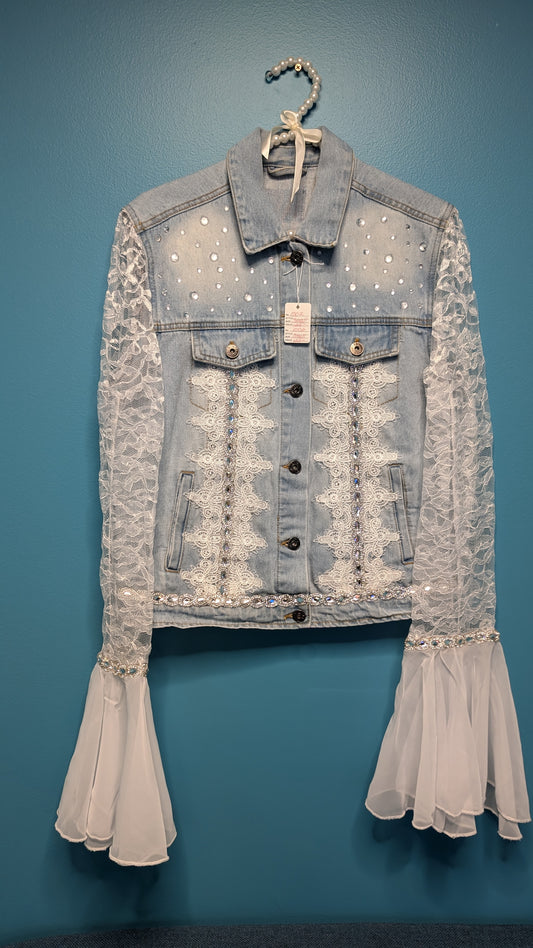 1002 White Washed Lace Sleeve Denim Jacket - Bougie Denim Couture