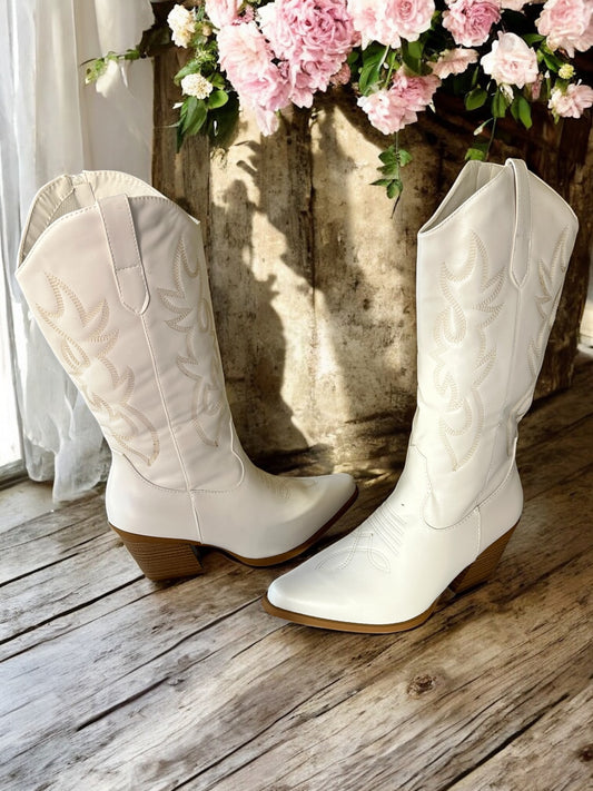 White Blossom Western Boots - Made in Chic