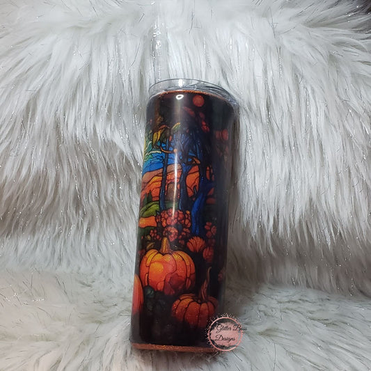 Stained Glass Pumpkin Patch w/ Mountains - 20 oz Skinny - Glitter Boss