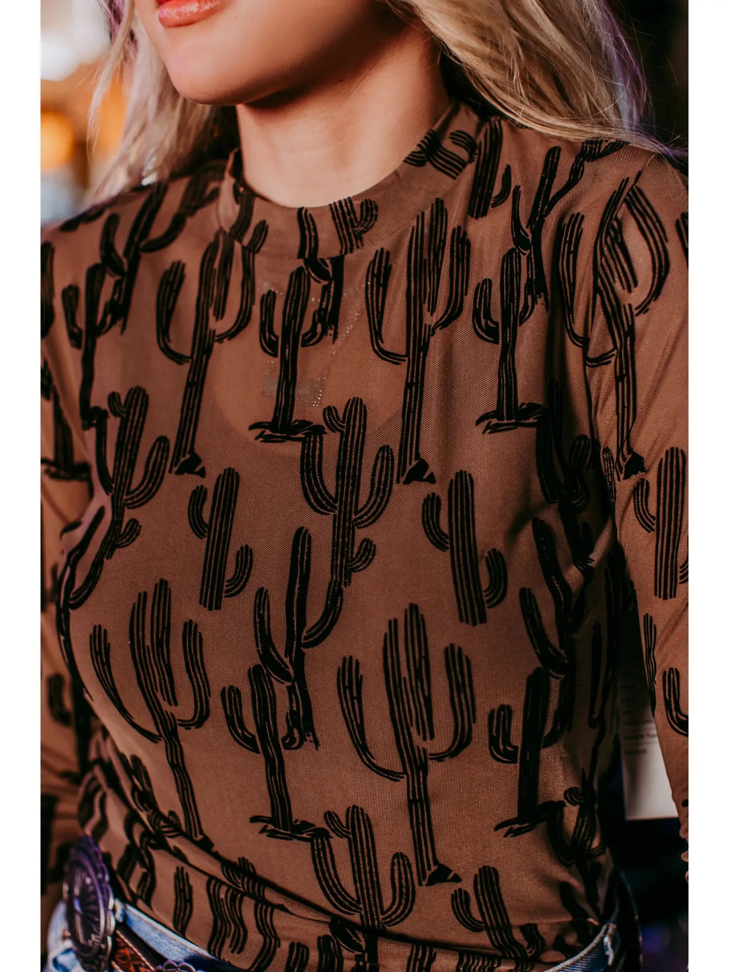 Brown Cactus Velvet Mesh Top- LS