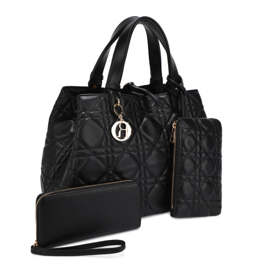Black Quilted Tote Bag with Wallet and makeup bag- Made in Chic