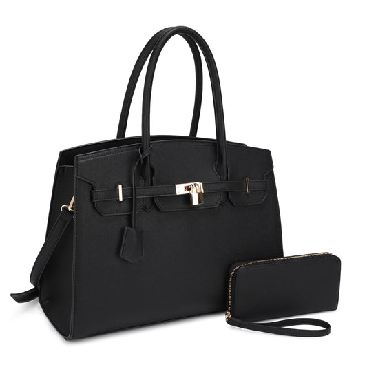 Structured Black Tote with Lock - Made in Chic