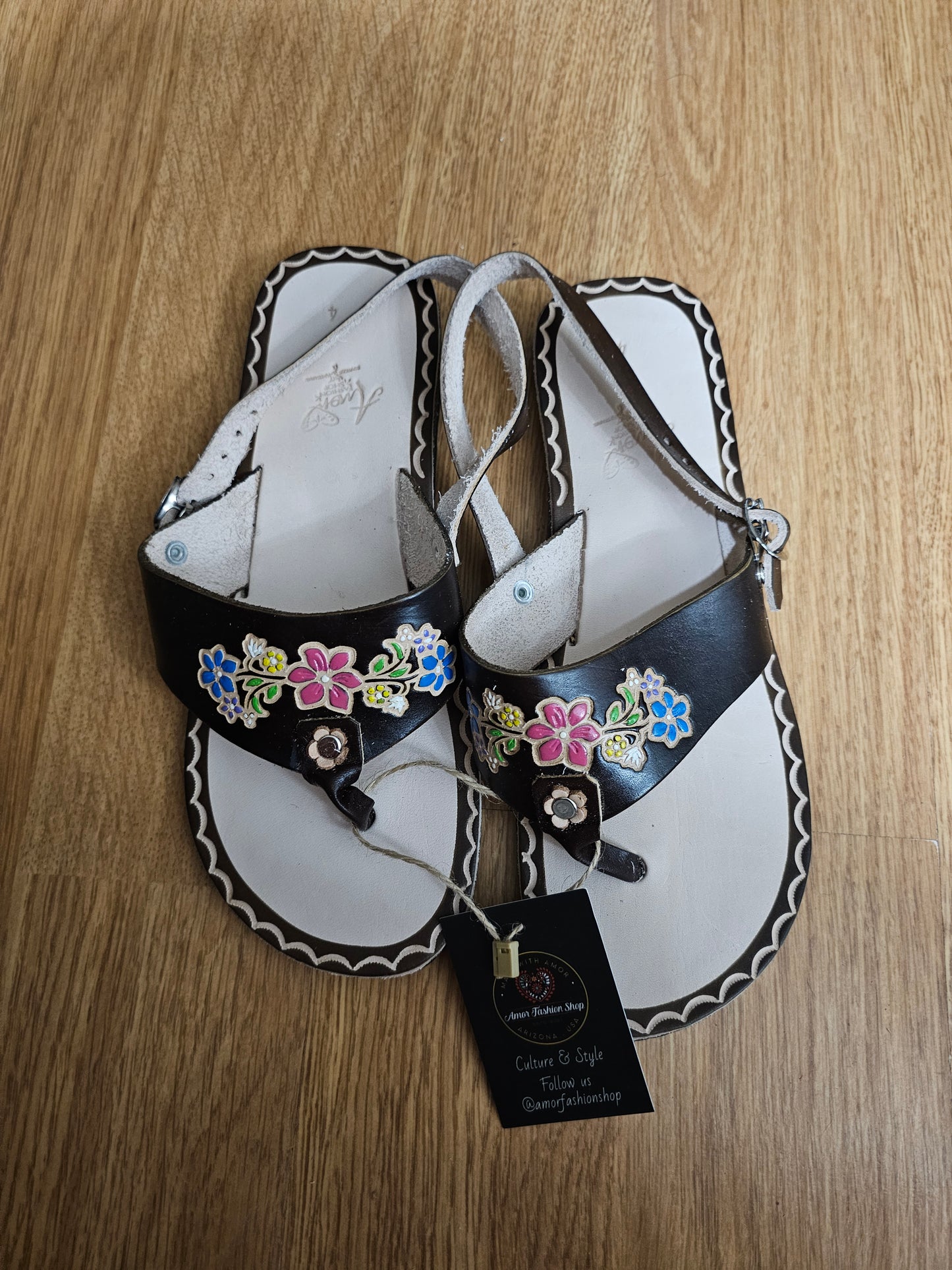 Huaraches Chancla Brown Floral Leather @amorfashionshop