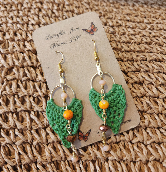 Crochet Leaf earring on gold tone hoop
