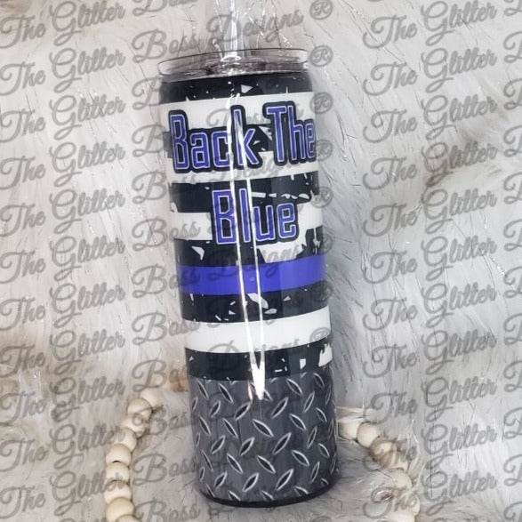 Back the Blue B&W Style - 20 oz Skinny - Glitter Boss
