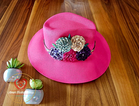 Pink Hat with Palm  Coloful Flowers and Hatband @amorfashionshop