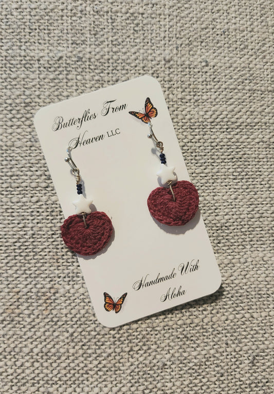 4th of July Crochet little heart dangle earrings - BUTTERFLIES FROM HEAVEN