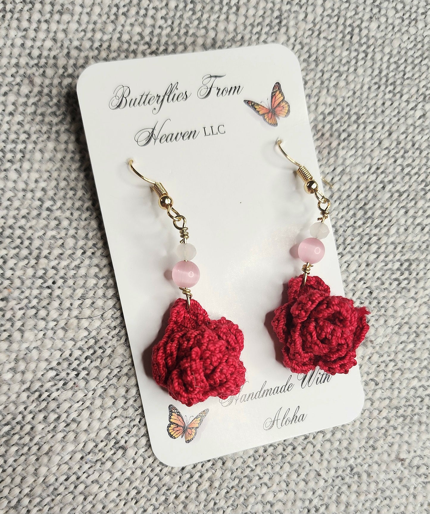 Crochet Lg. 3D Rose earrings - BUTTERFLIES FROM HEAVEN